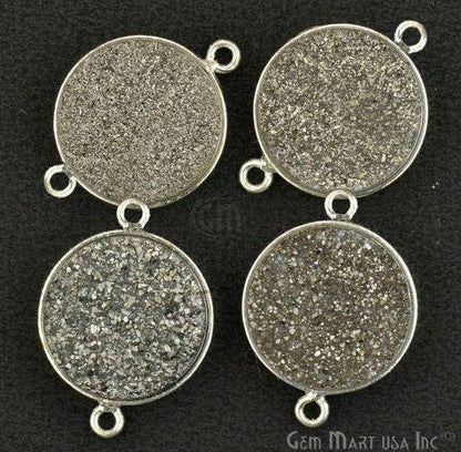 Natural Titanium Druzy 16mm Round Double Bail Silver Gemstone Connector