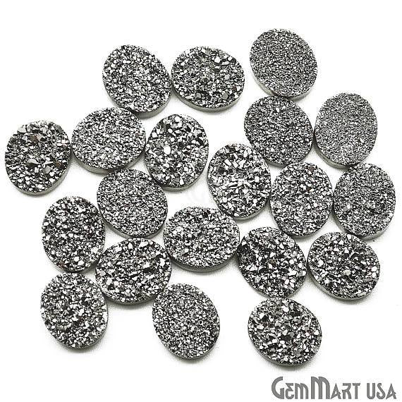 Platinum Druzy, Druzy Cabochon, 10x8mm Oval Shaped Druzy, Cabochon, Loose Druzy Stone (MZ-80018) - GemmartUSA