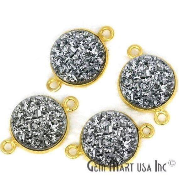 Natural Titanium Gold Druzy 12mm Round Double Bail Bezel Gemstone Connector
