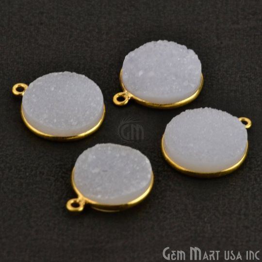 White Color Druzy Round 14mm Single Bail Gold Bezel Gemstone Connector