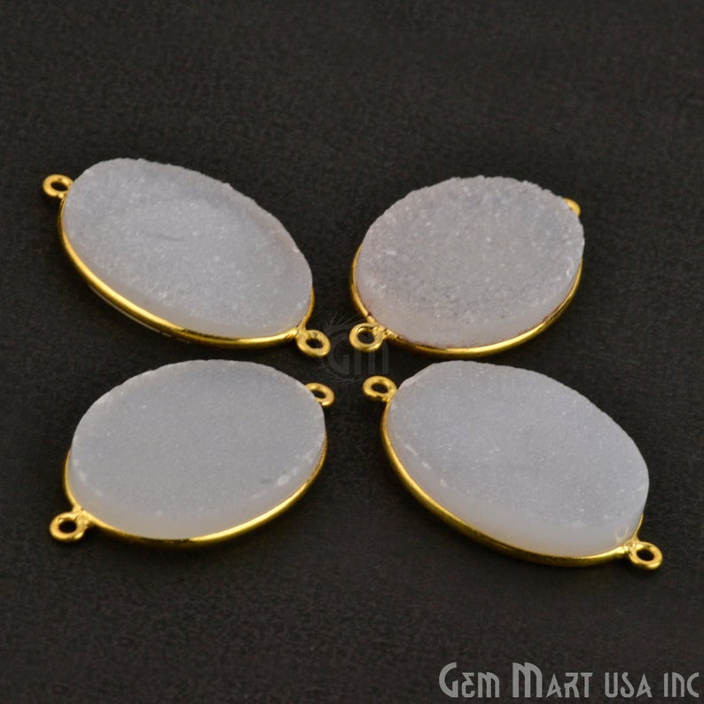 White Druzy 25x18mm Oval Gold Plated Double Bail Gemstone Connector - GemMartUSA