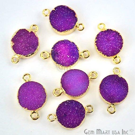 Gold Electroplated Druzy 12mm Round Double Bail Gemstone Connector