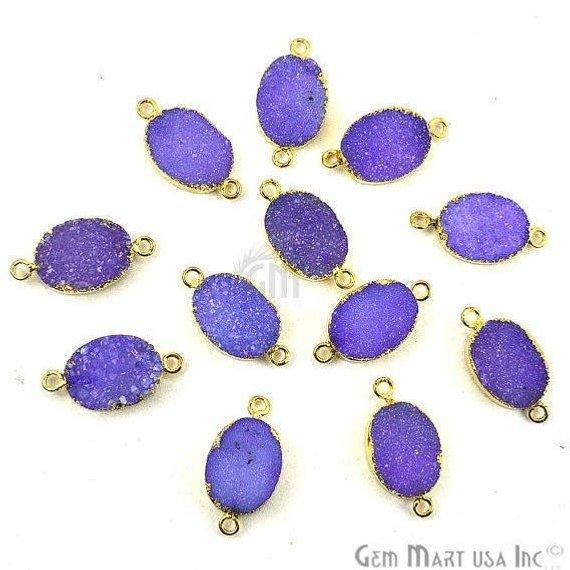 Druzy Gold Electroplated 12x16mm Oval Double Bail Gemstone Connector