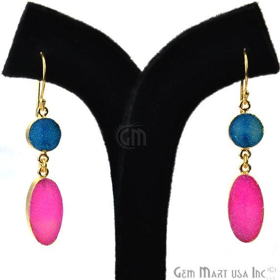 Double Druzy 52x10mm Gold Plated Dangle Hook Earrings (Pick your Gemstone) (90138-1) - GemMartUSA