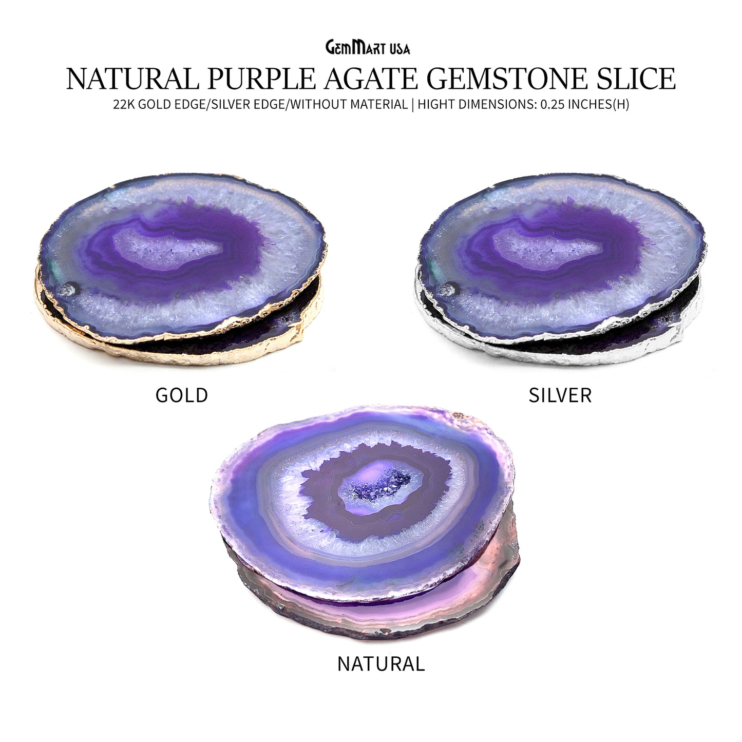 Purple Agate Slice Coaster, Natural Gemstone Coaster, Rock & Crystal Coaster, Organic/Silver/Gold Plated Drinkware