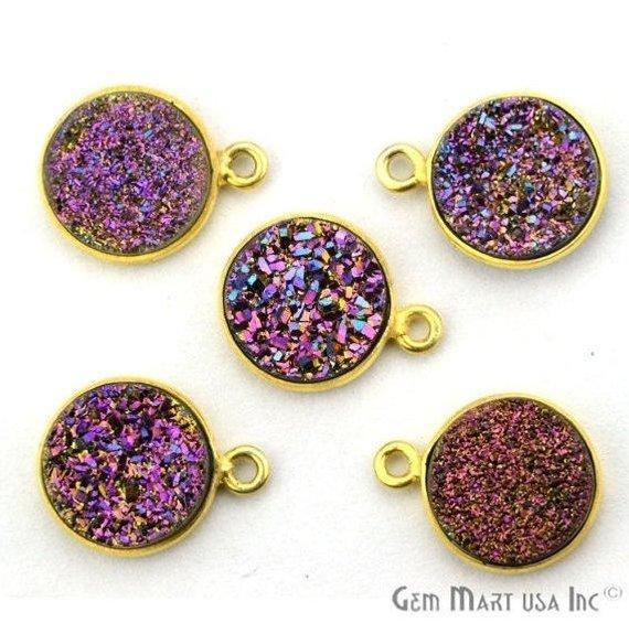 Natural Titanium Gold Druzy 12mm Round Single Bail Bezel Gemstone Connector