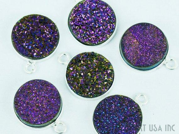 Natural Titanium Silver Druzy 12mm Round Single Bail Bezel Gemstone Connector