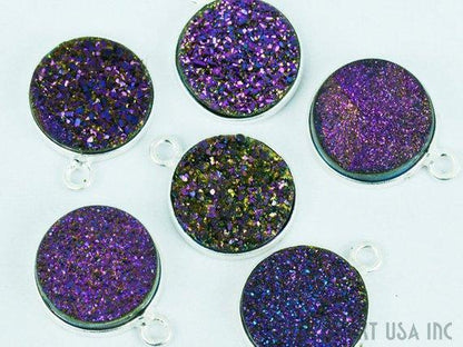 Natural Titanium Silver Druzy 12mm Round Single Bail Bezel Gemstone Connector