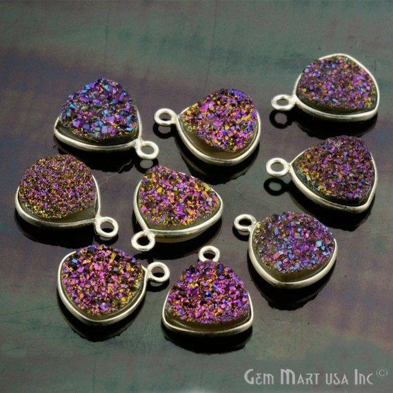 Natural Titanium Druzy 10mm Trillion Silver Single Bail Gemstone Connector