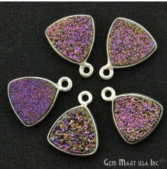 Natural Titanium Druzy 12mm Trillion Silver Plated Single Bail Gemstone Connector