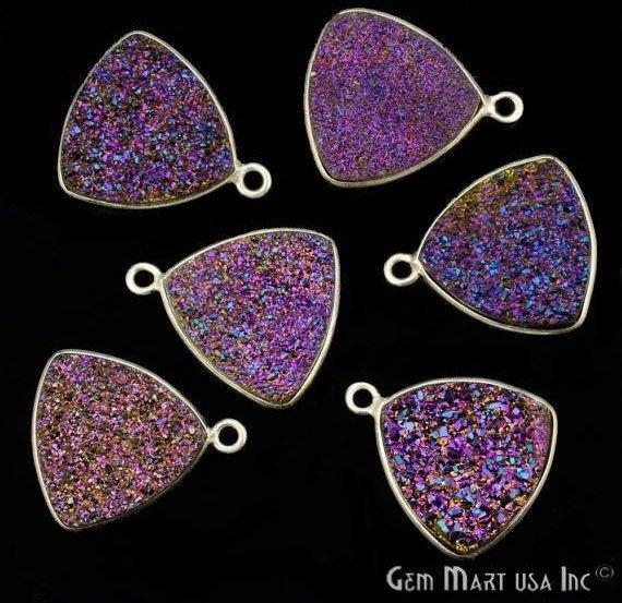 Natural Titanium Druzy 14mm Trillion Silver Plated Single Bail Bezel Gemstone Connector