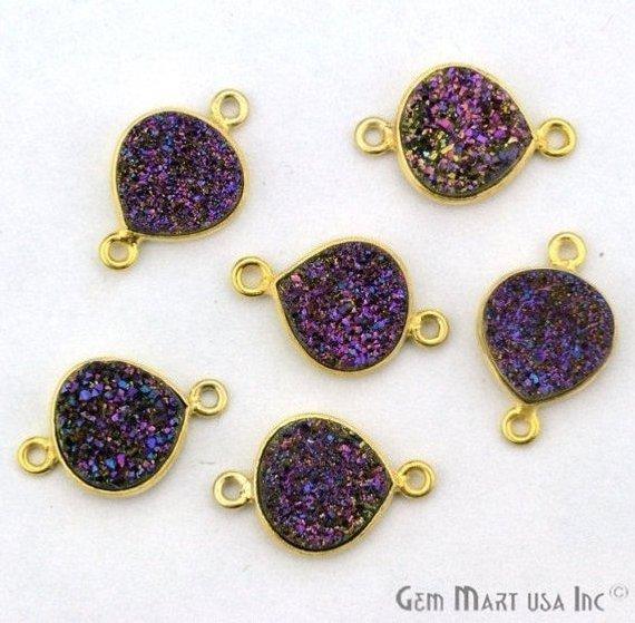 Natural Titanium Druzy 12mm Gold Double Bail Heart Bezel Connector