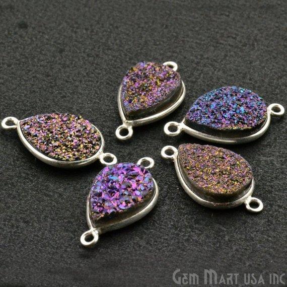 Titanium Druzy 10x14mm Pears Silver Double Bail Bezel Gemstone Connector