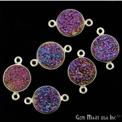 Natural Titanium Silver Druzy 12mm Round Double Bail Bezel Gemstone Connector