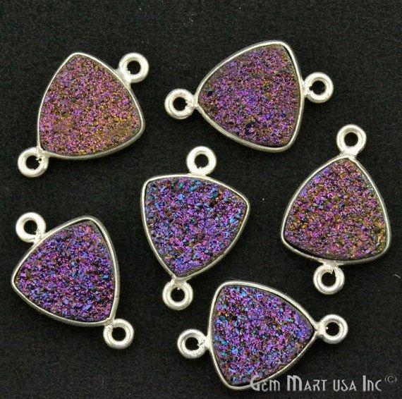 Natural Titanium Druzy 12mm Trillion Silver Plated Double Bail Gemstone Connector