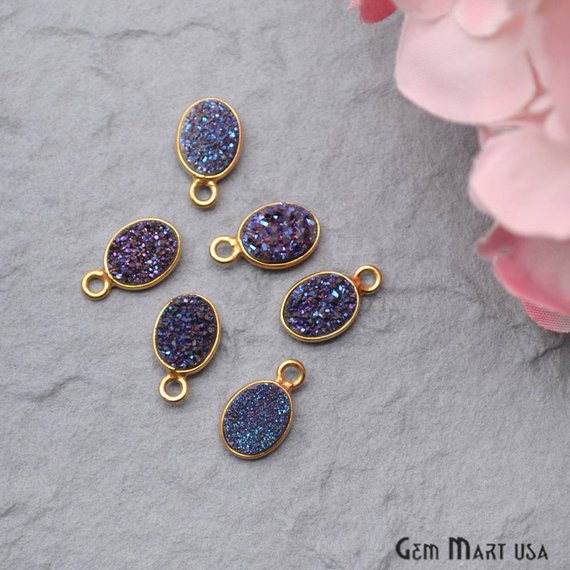 Titanium Druzy 6x8mm Oval Bezel Connector (Pick Color, Bail, Plating) - GemMartUSA