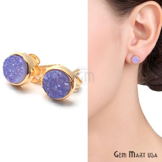 Round Shape 6mm Gold Plated Druzy Stud Earrings (Pick your Gemstone) (90021-1) - GemMartUSA