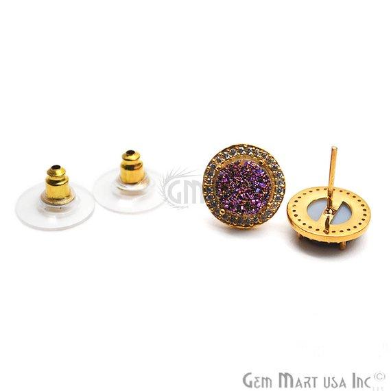 Round Shape 8mm Gold Plated Cubic Zircon Druzy Stud Earrings (Pick your Gemstone) (90036-1) - GemMartUSA