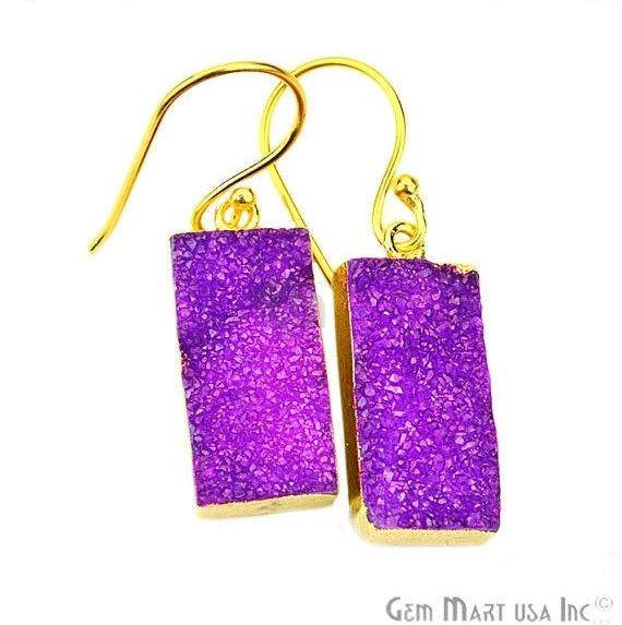 Druzy Gold Electroplated 10x38mm Rectangle Shape Gemstone Dangle Hook Earring Pic Your Color (90145-1) - GemMartUSA