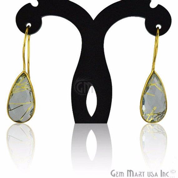 Gold Plated Pears 11x37mm Gemstone Dangle Hook Earring 1Pair (Pick Your Stone) - GemMartUSA