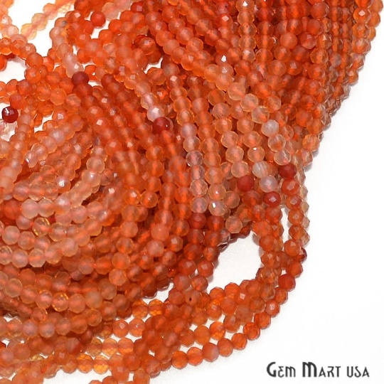 Carnelian Rondelle Beads, 13 Inch Gemstone Strands, Drilled Strung Nugget Beads, Faceted Round, 2.5-3mm