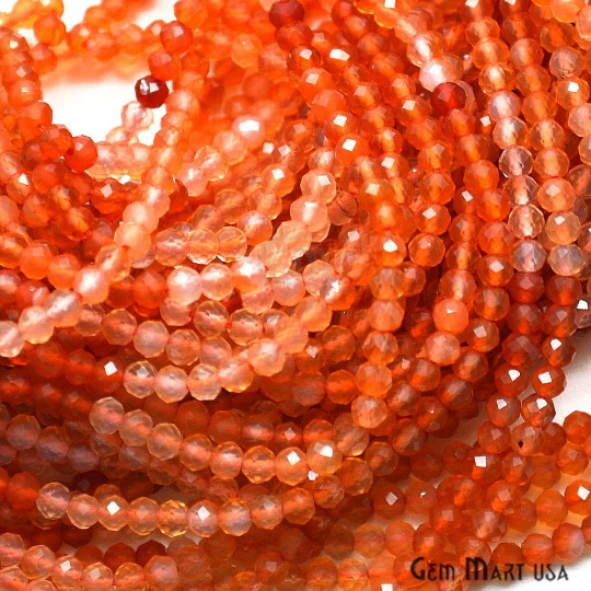 Carnelian Rondelle Beads, 13 Inch Gemstone Strands, Drilled Strung Nugget Beads, Faceted Round, 2.5-3mm