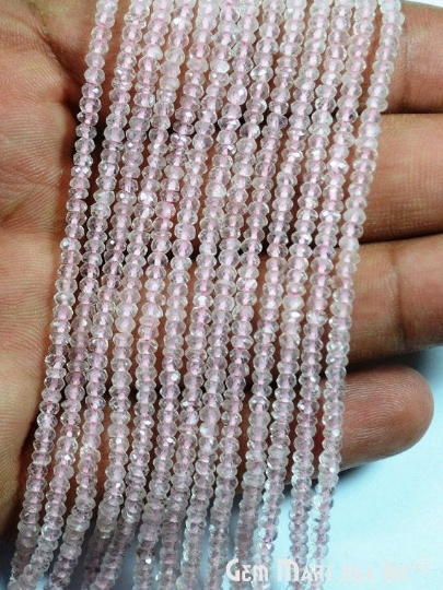 Rose Quartz Rondelle Beads, 12.5 Inch Gemstone Strands, Drilled Strung Nugget Beads, Faceted Round, 3-4mm