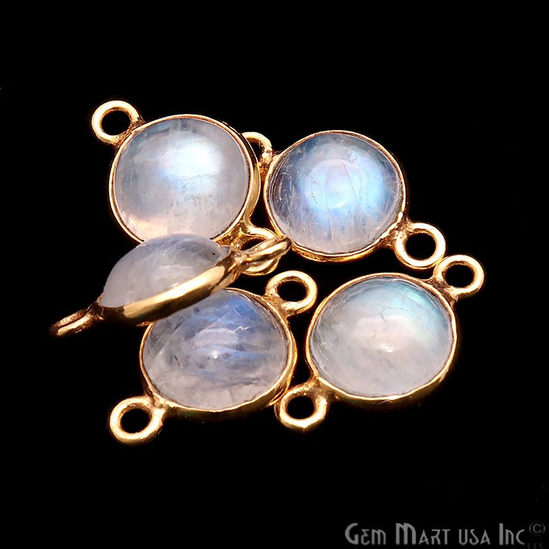 Rainbow Moonstone Round 8mm Gold Plated Cabochon Connector - GemMartUSA