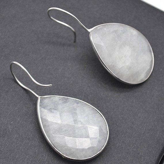 Rainbow Moonstone Silver Plated 30x22mm Pears Shape Gemstone Dangle Hook Earring (RMER-90222) - GemMartUSA