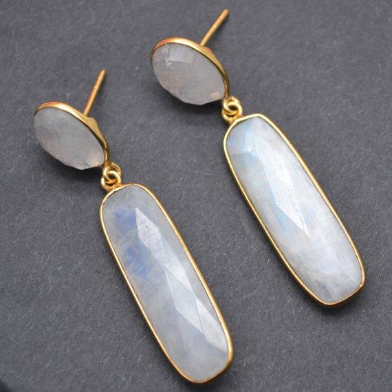 Rectangle and Round Shape 46x10mm Gold Plated Gemstone Dangle Studs (Pick your Gemstone) (90230-1) - GemMartUSA