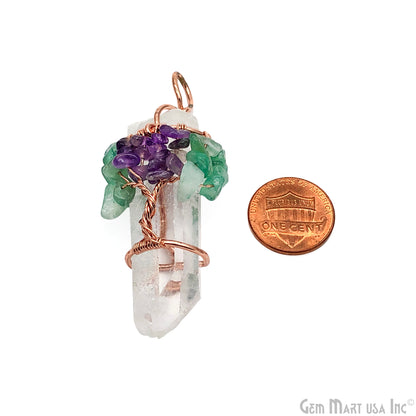 Crystal Pencil Point Pendant, Rough Gemstone, Rose Gold Plated, Tree of Life Wire Wrapped Necklace Pendant, 1.5-2Inch