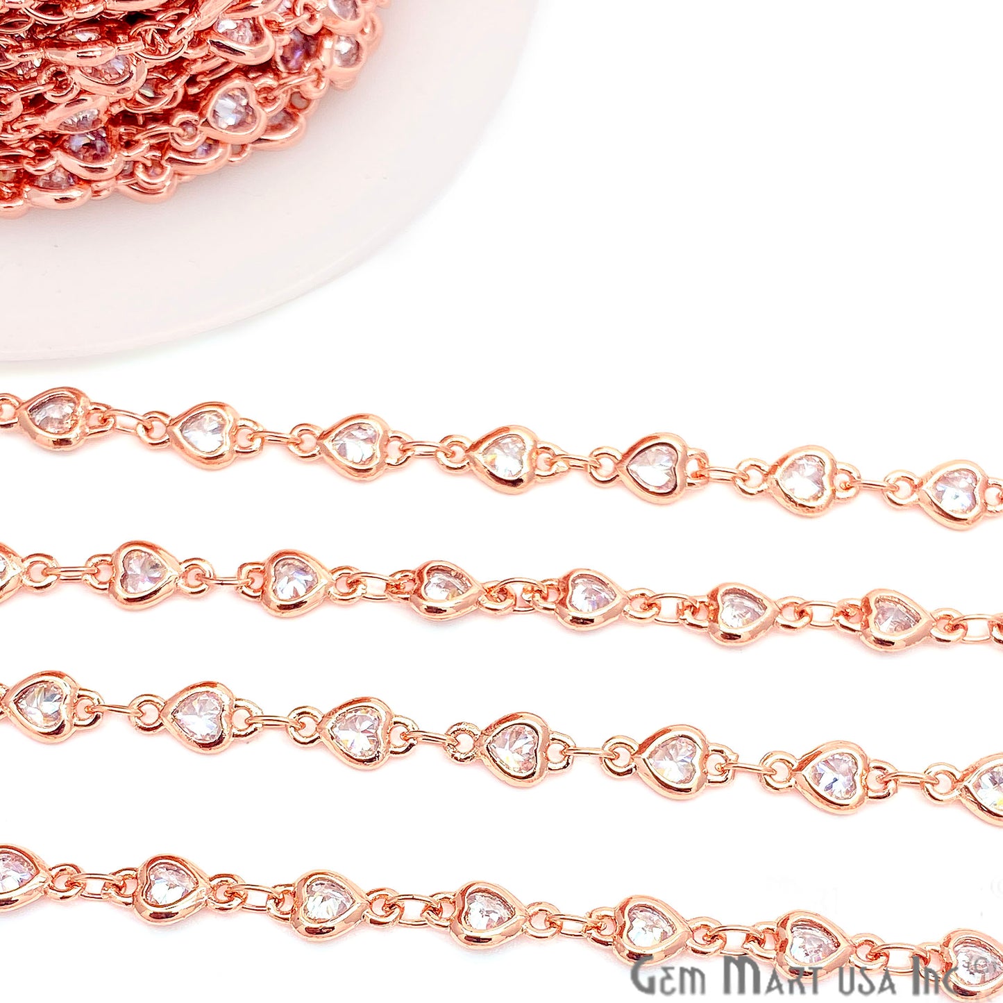 White Zircon Heart Shape 4-4.5mm Rose Gold Plated Continuous Connector Chain - GemmartUSA