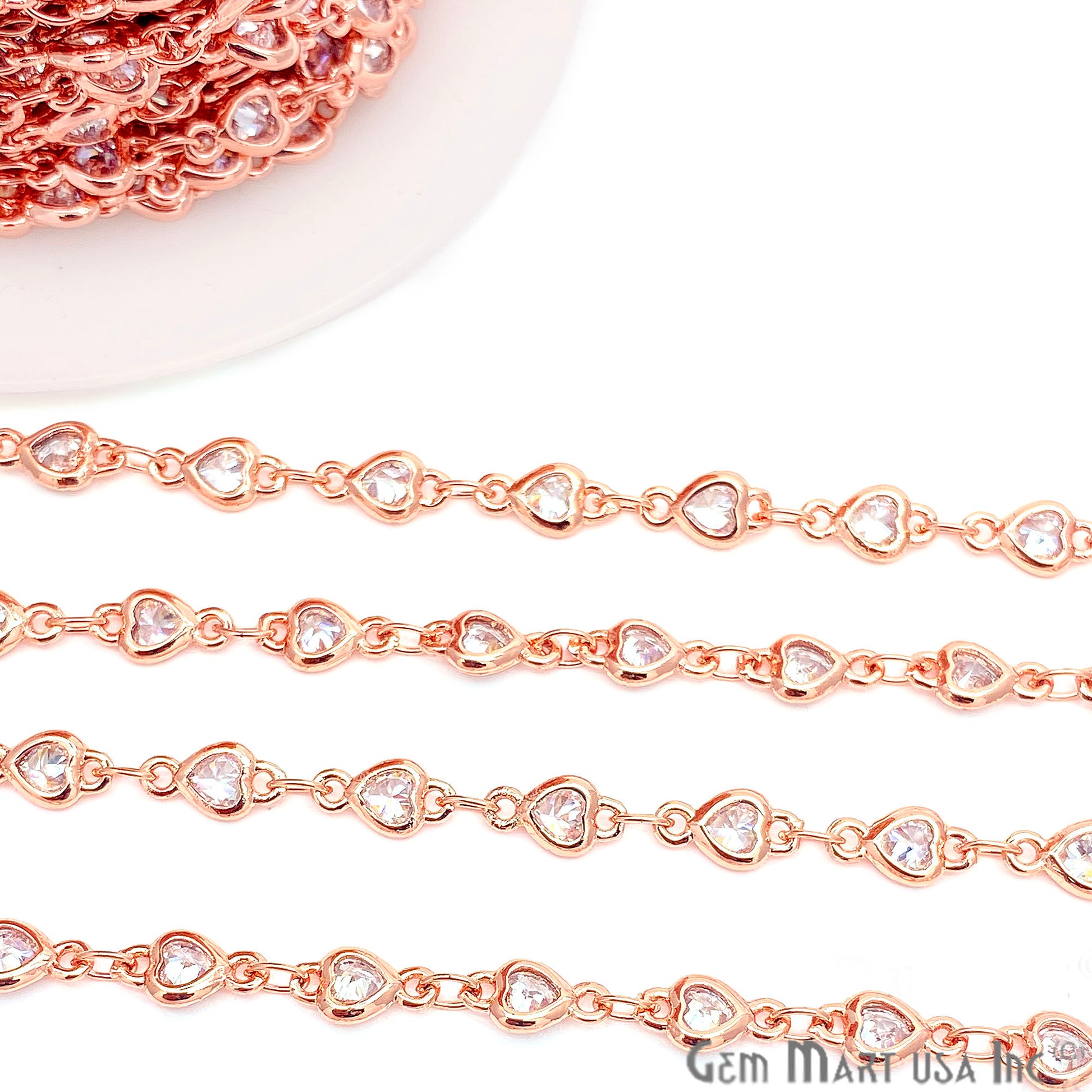 White Zircon Heart Shape 4-4.5mm Rose Gold Plated Continuous Connector Chain - GemmartUSA