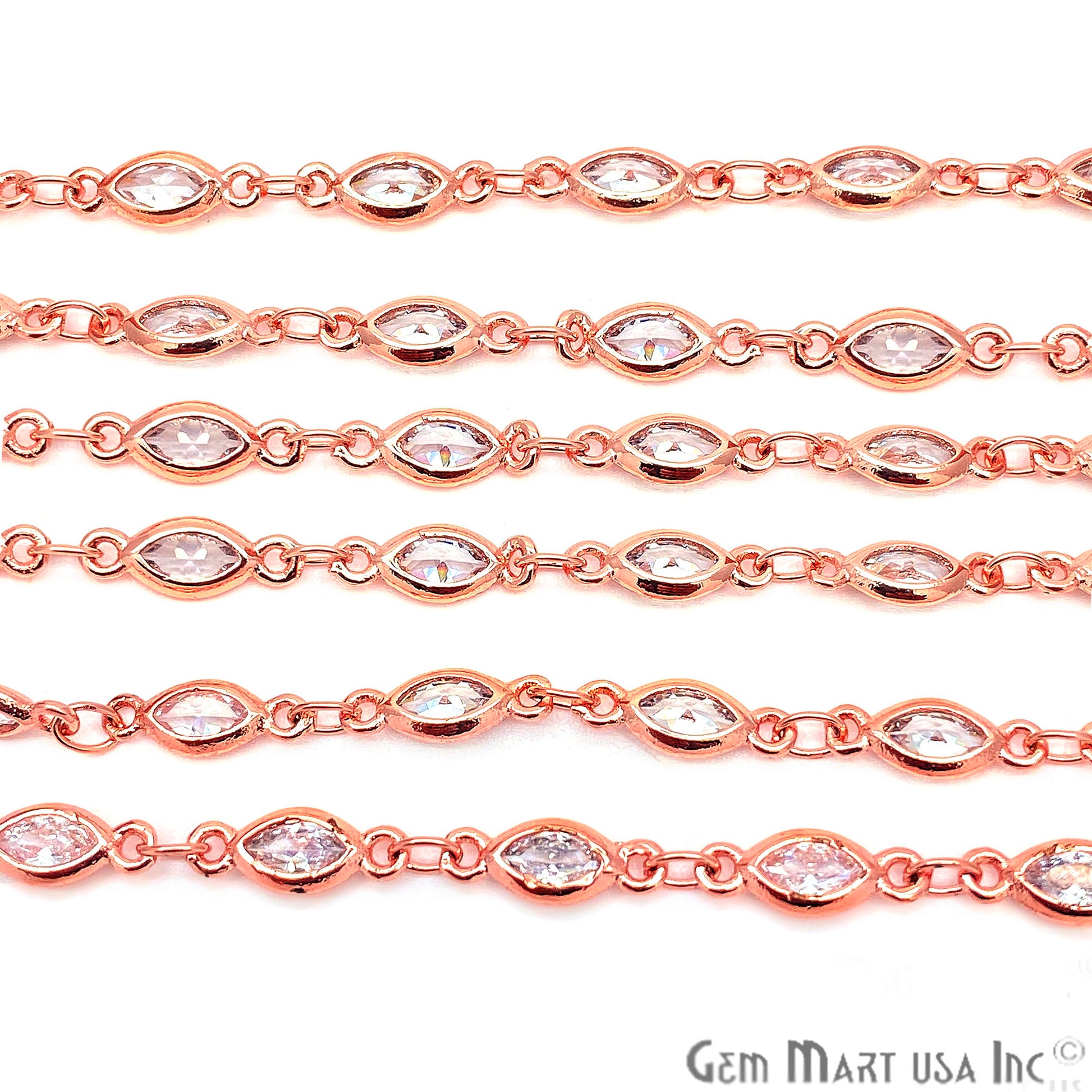 White Zircon Marquise Shape 6.5x3.5mm Rose Gold Plated Continuous Connector Chain - GemmartUSA
