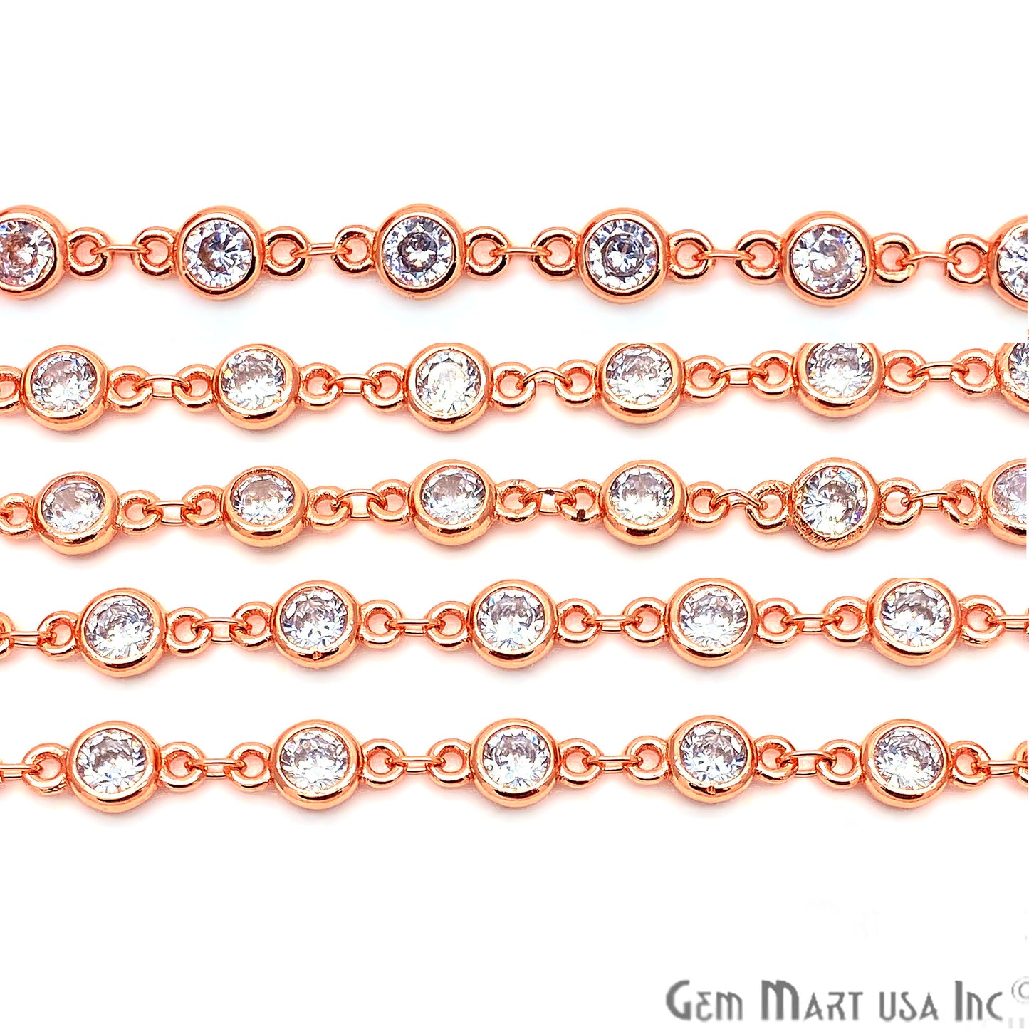 White Zircon Round Shape 5.5mm Rose Gold Plated Continuous Connector Chain - GemmartUSA