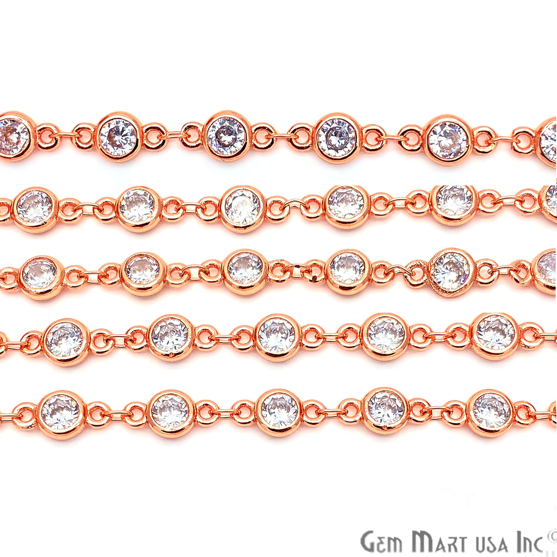 White Zircon Round Shape 5.5mm Rose Gold Plated Continuous Connector Chain - GemmartUSA