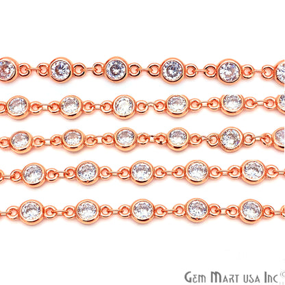White Zircon Round Shape 5.5mm Rose Gold Plated Continuous Connector Chain - GemmartUSA