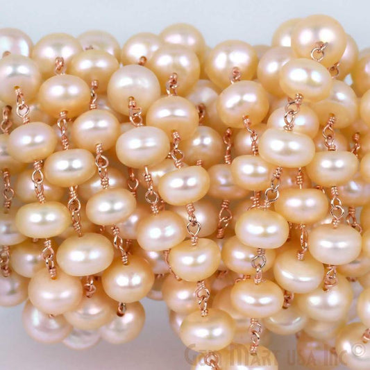 Pink Pearl 7mm Rose Gold Plated Wire Wrapped Bead Fancy Rosary Chain - GemMartUSA