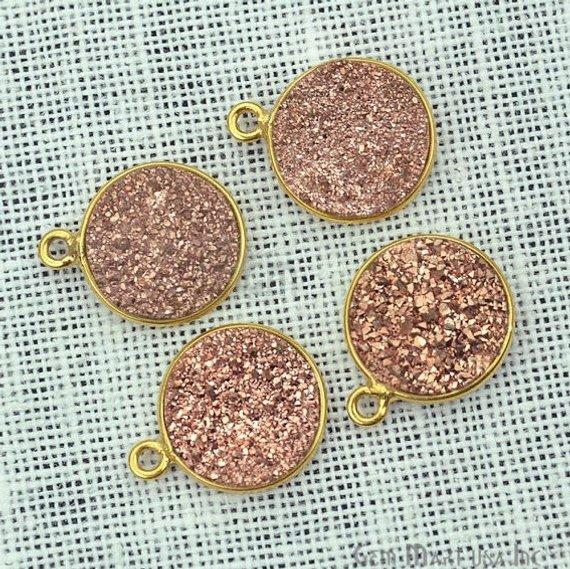 Natural Titanium Gold Druzy 12mm Round Single Bail Bezel Gemstone Connector