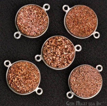 Natural Titanium Druzy 14mm Round Silver Double Bail Gemstone Connector