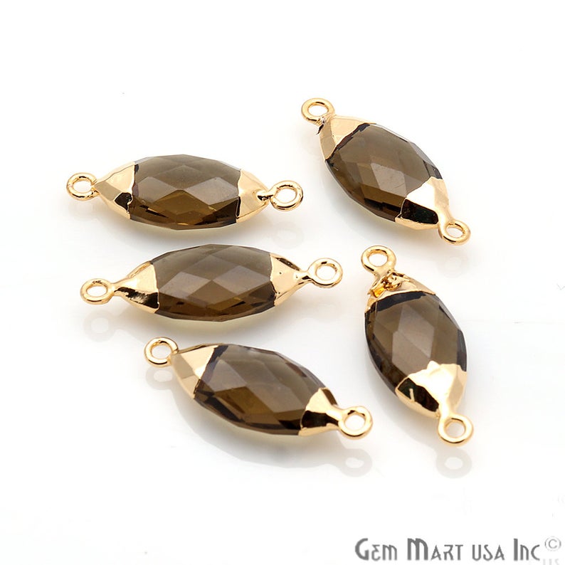 Smoky Topaz 10x20mm Marquise Shape Gold Electroplated Gemstone Connector - GemMartUSA