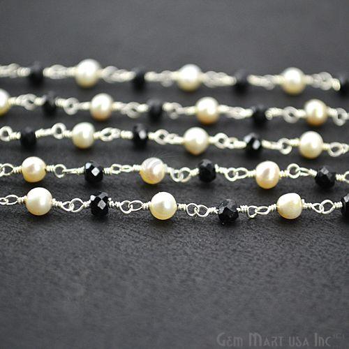 Black Spinel With Pearl Silver Plated Wire Wrapped Beads Rosary Chain