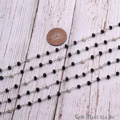 Black Spinel With Pearl Silver Plated Wire Wrapped Beads Rosary Chain