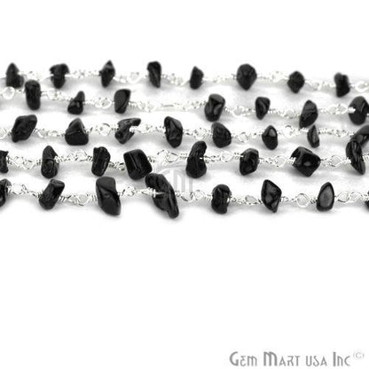 Black Spinel 4-6mm Nugget Chip Silver Plated Wire Wrapped Beaded Rosary Chain
