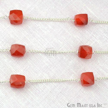 Carnelian Box Beads Chain, Silver Plated Wire Wrapped Rosary Chain (763827650607)