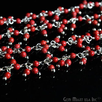 Red Coral Cluster Beads Silver Wire Wrapped Dangle Rosary Chain (764225716271)