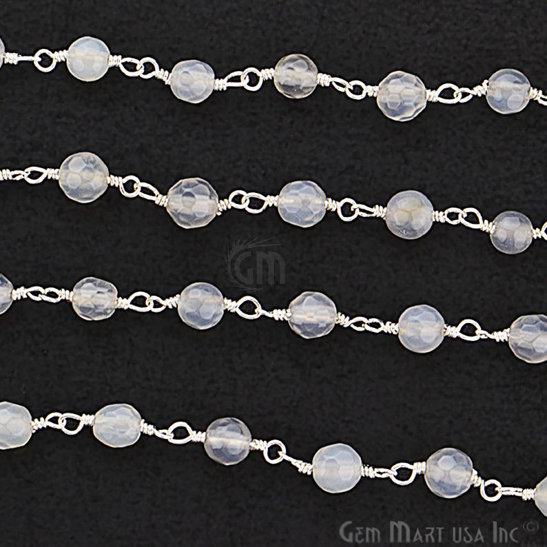 Grey Jade Faceted Beads 4mm Silver Plated Wire Wrapped Rosary Chain - GemMartUSA