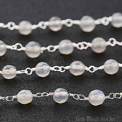 Grey Jade Faceted Beads 4mm Silver Plated Wire Wrapped Rosary Chain - GemMartUSA