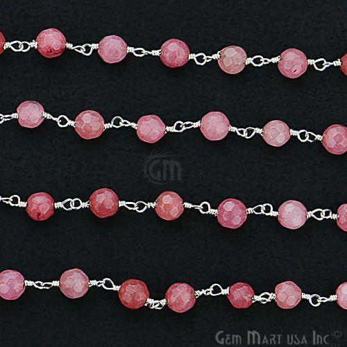 Pink Sunstone Jade Beads Silver Plated Wire Wrapped Rosary Chain (763838496815)