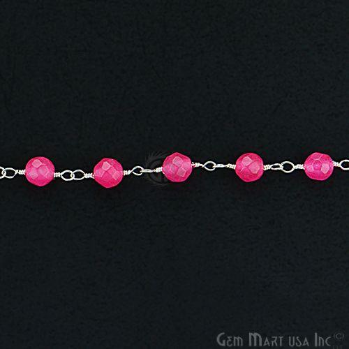 Hot Pink Jade Beads Silver Plated Wire Wrapped Rosary Chain (763848163375)